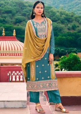 Blue Embroidered Pant Suit Set In Chiffon