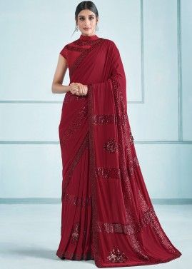 Red Sequins Embroidered Saree In Lycra