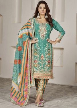 Green Embroidered Suit Set In Chiffon