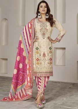 Cream Embroidered Suit Set In Chiffon