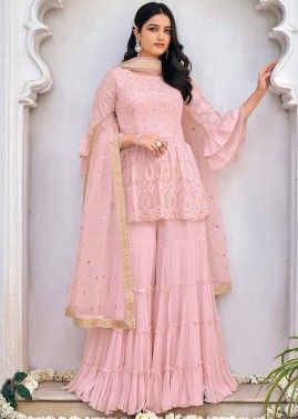 Pink Embroidered Georgette Flared Style Sharara Suit