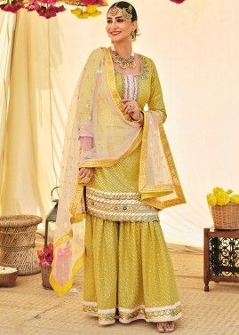 Yellow Embroidered  Gharara Suit In Georgette