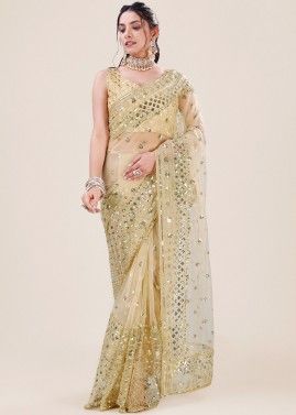 Golden Sequins Embellished Net Saree
