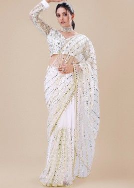 White Net Saree In Sequins Work