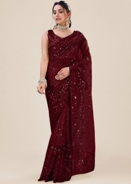 Maroon Net Embellished Saree With Blouse