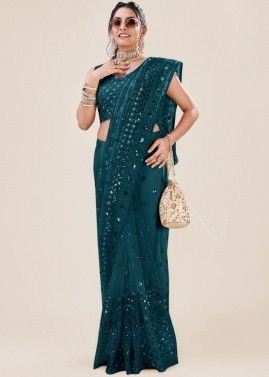 Teal Blue Embellished Contemporary Saree