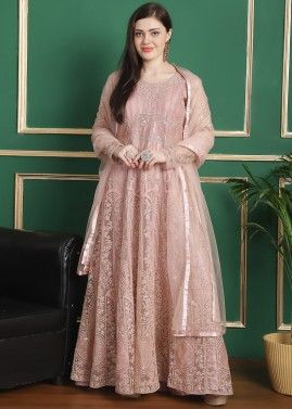 Pink Embroidered Net Anarkali Suit Set