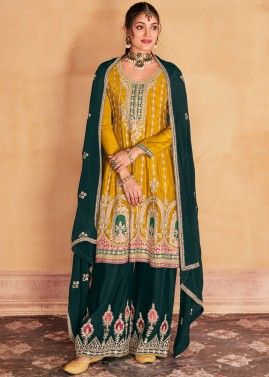 Yellow Readymade Flared Style Embroidered Palazzo Suit In Chiffon