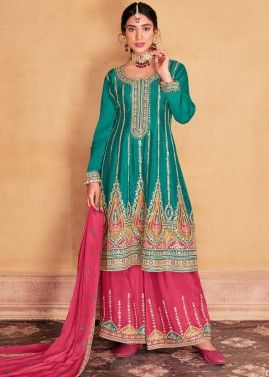 Turquoise Readymade Embroidered Chiffon Palazzo Suit In Flared Style