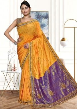 Yellow Heavy Pallu Embellished Saree In Satin Silk