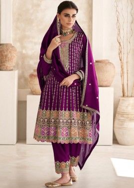 Readymade Purple Embroidered Chiffon Pant Suit