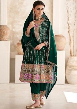 Readymade Green Embroidered Chiffon Pant Suit