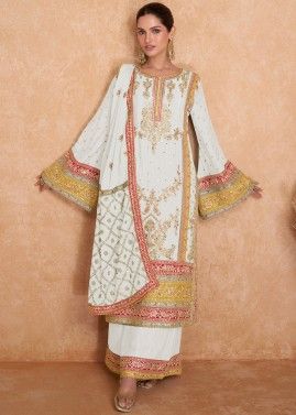 White Readymade Embroidered Palazzo Suit In Chiffon