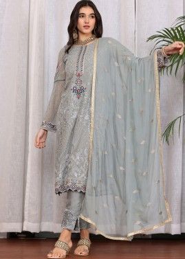 Grey Embroidered Suit Set In Georgette