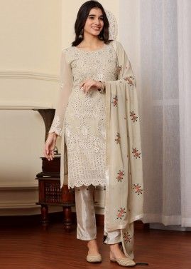 Beige Embroidered Suit Set In Georgette