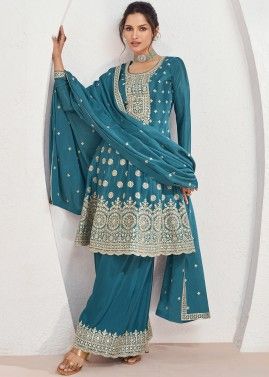 Blue Embroidered Flared Style Readymade Palazzo Suit In Chiffon