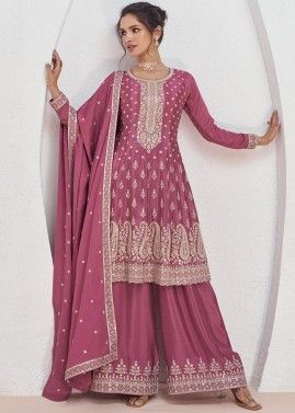 Mauve Pink Embroidered Chiffon Flared Style Readymade Palazzo Suit Set