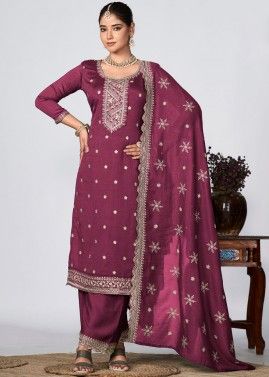 Magenta Embroidered Palazzo Suit Set