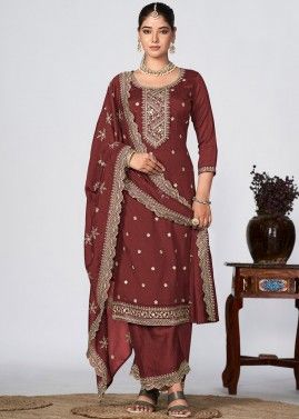 Brown Embroidered Palazzo Suit Set