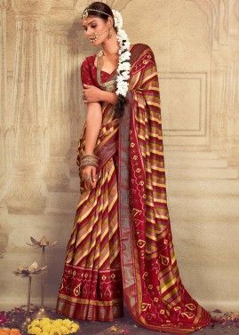 Red Woven Printed Saree In Tussar Silk