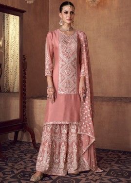 Pink Embroidered Palazzo Suit In Chiffon
