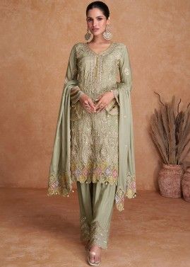 Green Embroidered Pant Suit In Chiffon