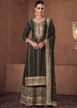 Black Embroidered Palazzo Suit In Chiffon