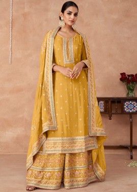 Yellow Embroidered Palazzo Suit In Chiffon