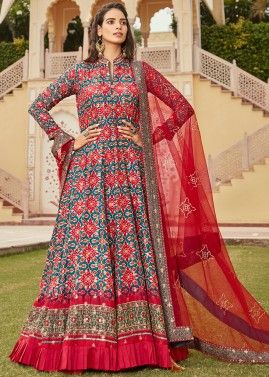 Digital Printed Readymade Art Silk Anarkali Suit In Multicolor
