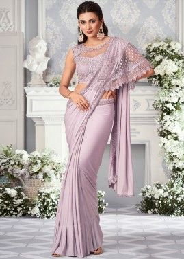 Mauve Pink Embroidered Ruffled Saree In Lycra