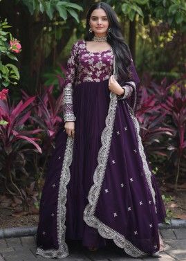 Purple Readymade Woven Tiered Anarkali Suit & Dupatta