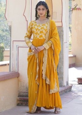 Yellow Readymade Embroidered Tiered Anarkali Suit