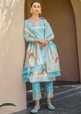 Blue Zari Woven Banarasi Silk Pant Suit