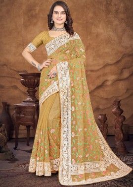 Yellow Embroidered Saree In Organza