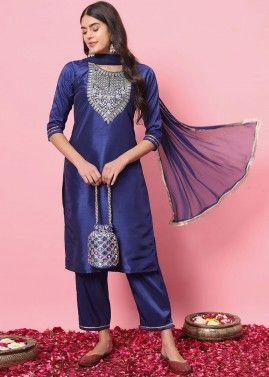 Royal Blue Embroidered Readymade Pant Suit In Art Silk