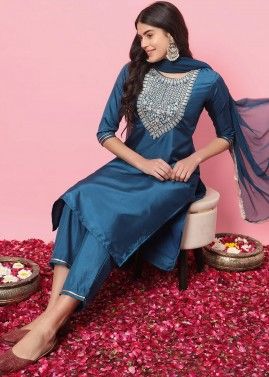 Blue Readymade Embroidered Art Silk Pant Suit Set