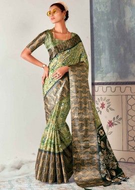 Green Floral Printed Tussar Silk Saree