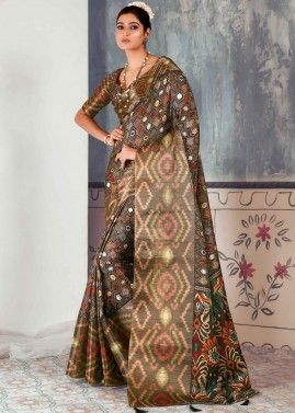 Brown Tussar Silk Saree In Printed Work