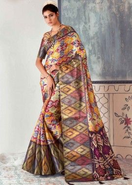 Multicolor Printed Work Tussar Silk Saree