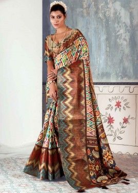 Multicolored Printed Work Saree With Blouse