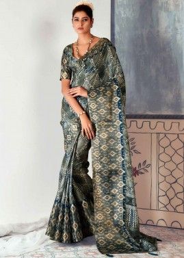 Grey Printed Tussar Silk Saree
