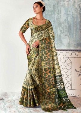 Cream & Green Printed Saree In Tussar Silk