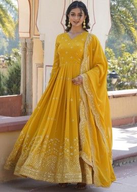 Yellow Embroidered Anarkali Suit In Georgette