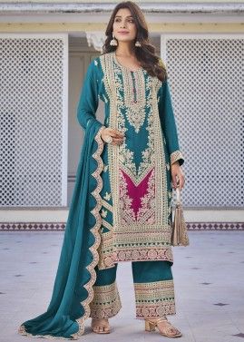 Readymade Embroidered Chiffon Palazzo Suit In Teal Blue