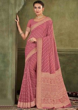 Pink Zari Woven Saree In Chiffon