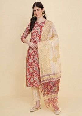 Red Floral Printed Readymade Pant Suit