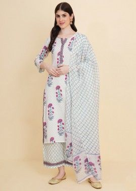 White Readymade Floral Print Palazzo Suit
