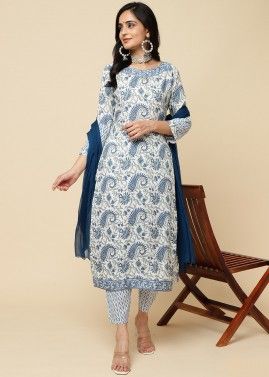 White Readymade Printed Cotton Pant Suit