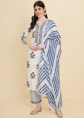 White Readymade Printed Cotton Pant Suit Set