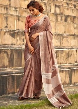 Brown Woven Saree In Linen